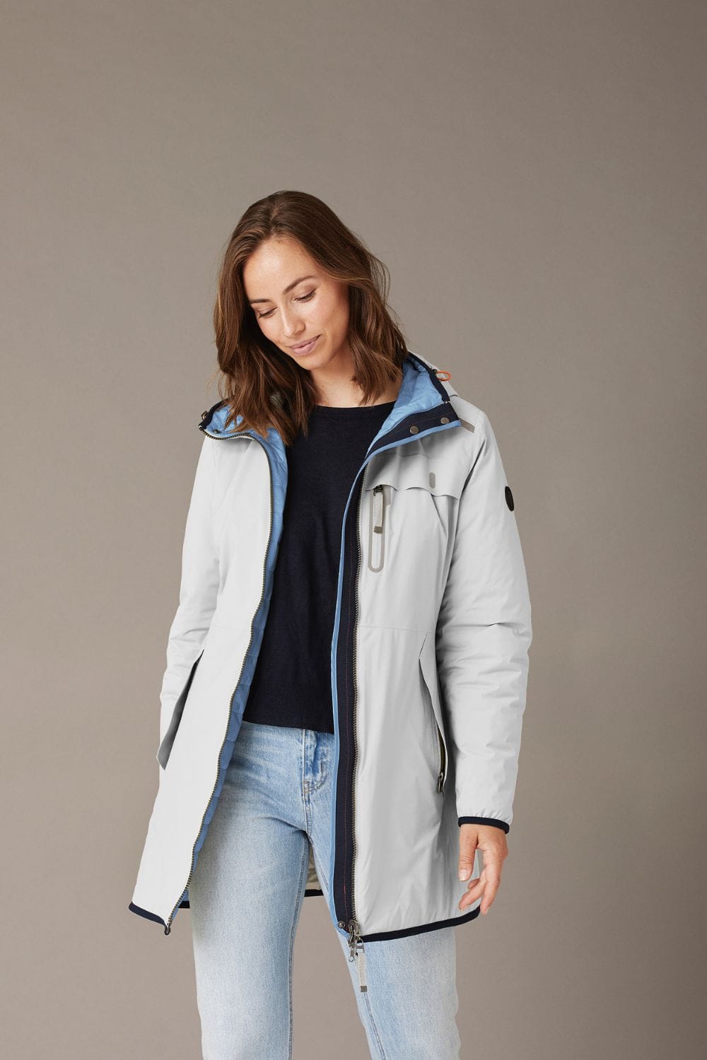 Dortha reversible women's lightweight jacket in offwhite – long mid-season jacket with functional details