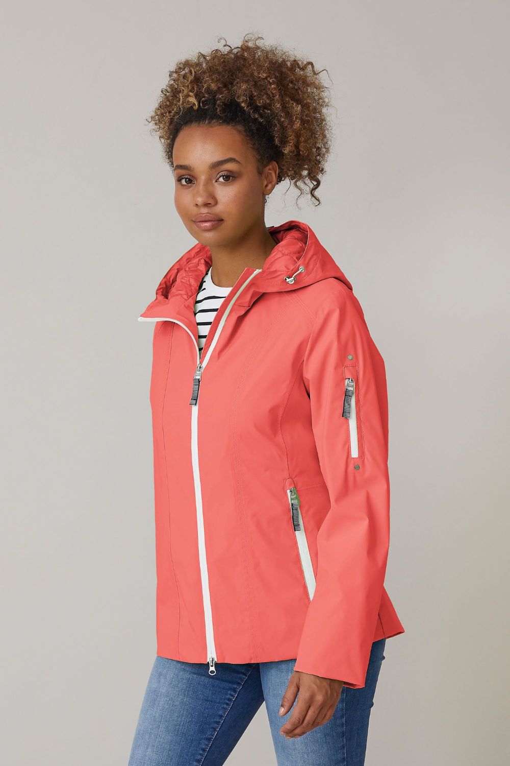 Jonna coral women's lightweight jacket – vibrant transitional jacket with white zippers and hood