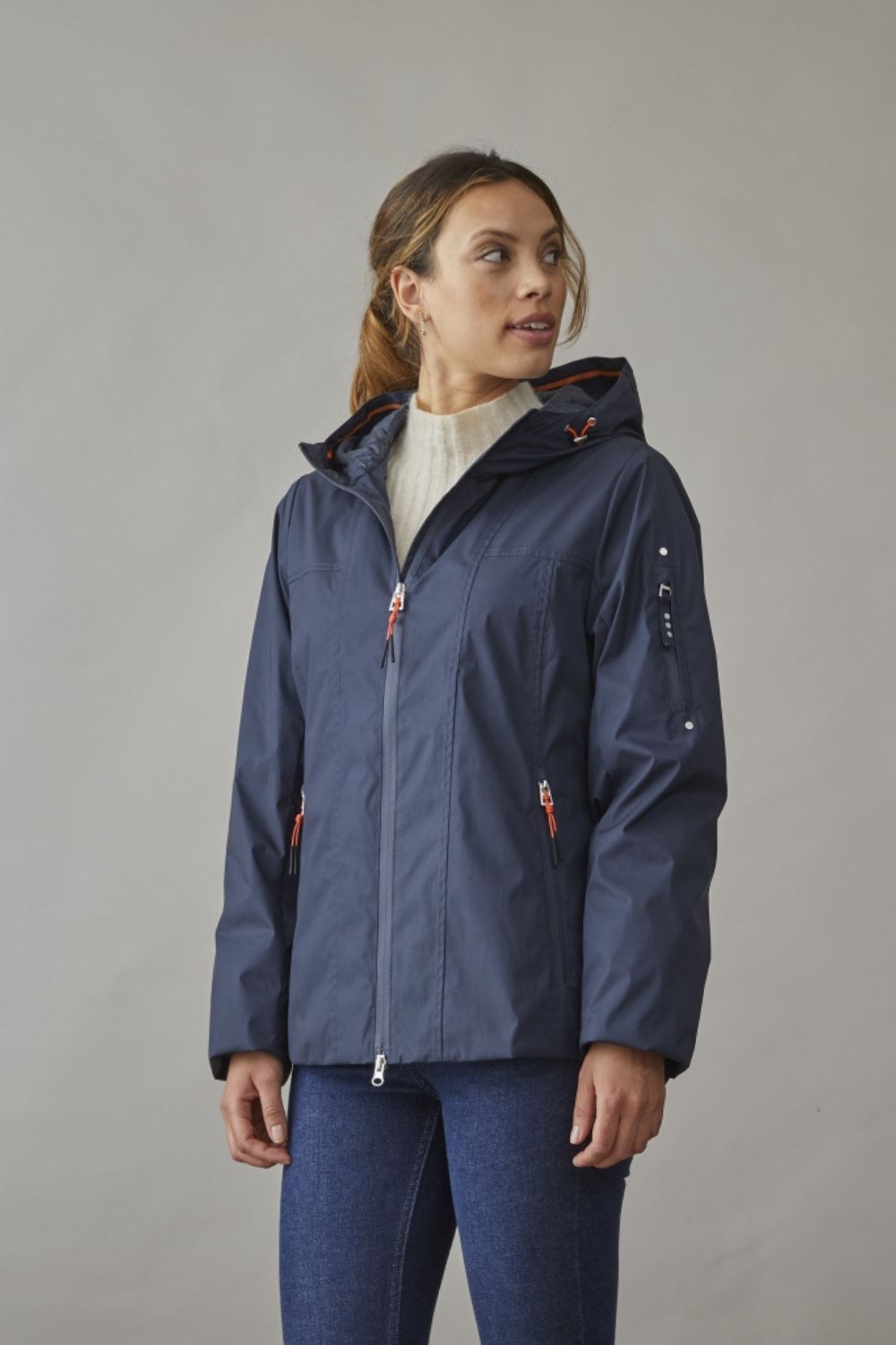 Liva sporty navy women's lightweight jacket – quilted mid-season jacket with orange contrast zippers